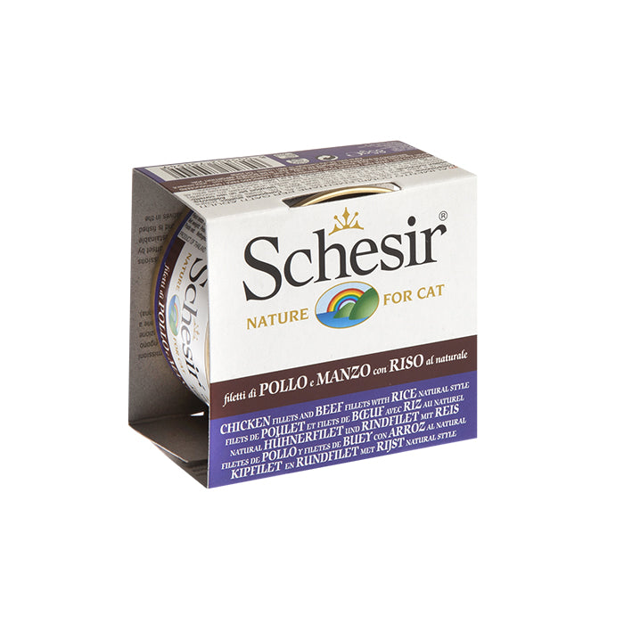 Schesir Tavuk ve Sığır Filetolu ve Pirinçli Pişirme Suyunda Yetişkin Kedi Konservesi 85g