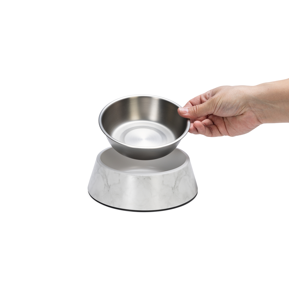 Beeztees DBL Köpek Mama Su Kabı, Mat Paslanmaz Çelik, Beyaz Mermer Görünümlü, 17,5cm, 350ml