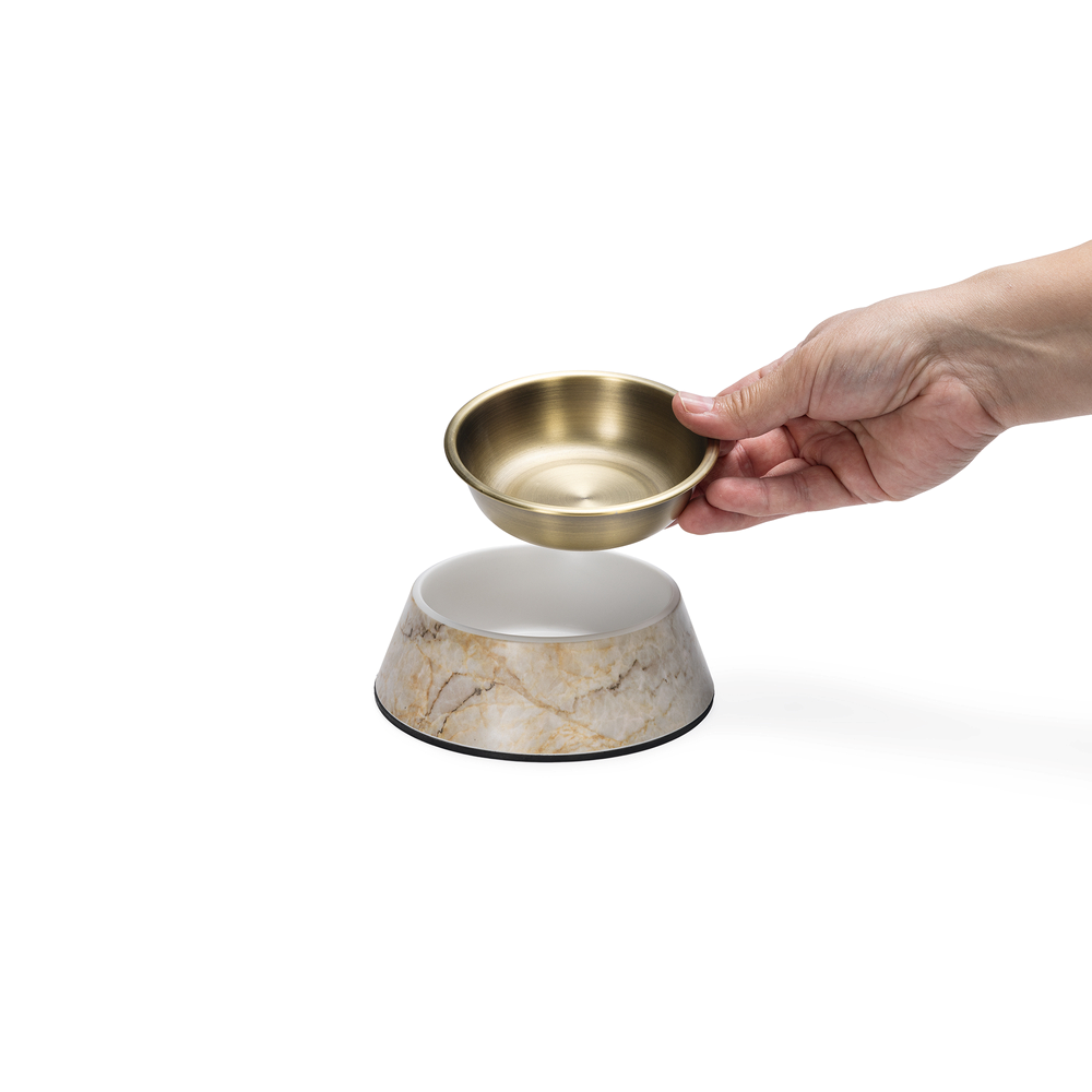 Beeztees DBL Köpek Mama Su Kabı, Mat Altın Rengi Paslanmaz Çelik, Bej Mermer Görünümlü, 14cm, 160ml