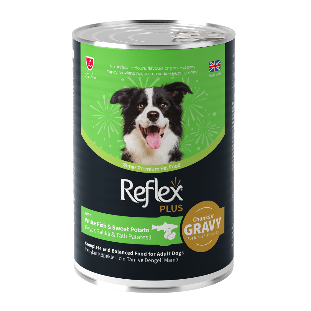 Reflex Plus Sos İçinde Et Parçacıklı Beyaz Balıklı Ve Tatlı Patatesli Yetişkin Köpek Maması 400gr