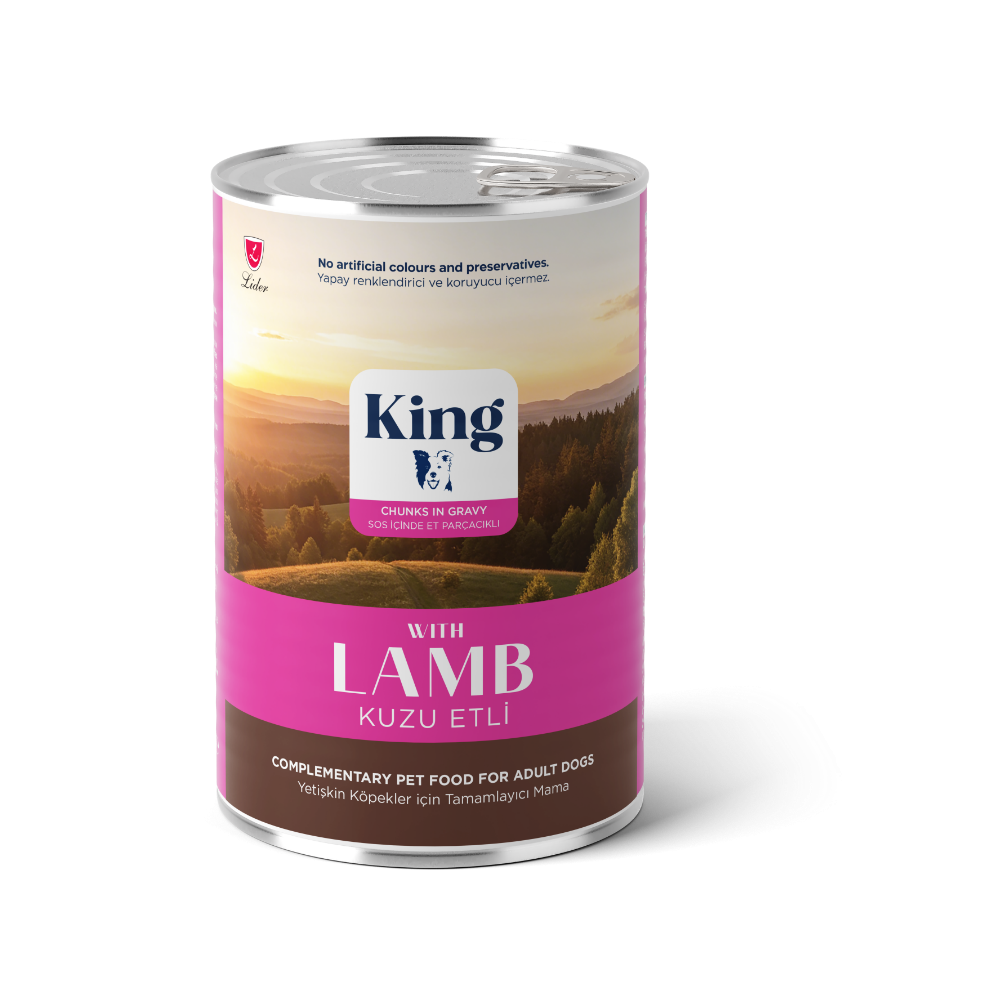 King Sos İçinde Et Parçacıklı Kuzu Etli Yetişkin Köpek Konserve 400gr