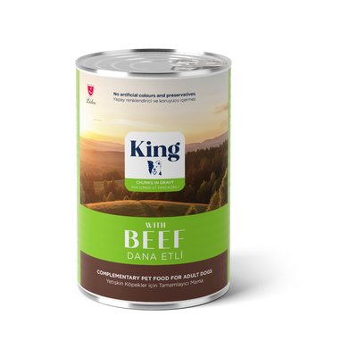King Sos İçinde Et Parçacıklı Dana Etli Yetişkin Köpek Konserve 400gr