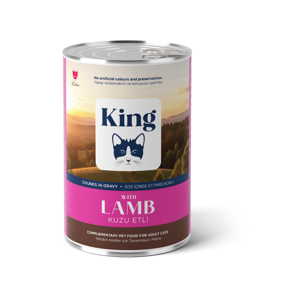 King Sos İçinde Et Parçacıklı Kuzu Etli Yetişkin Kedi Konserve 400gr