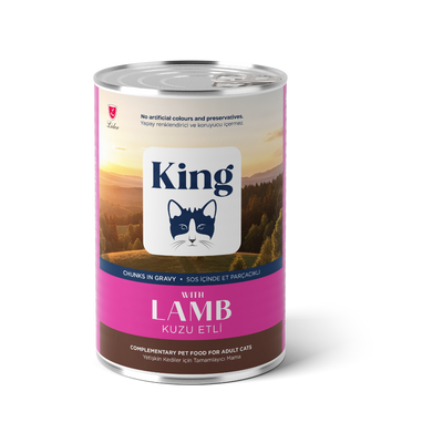 King Sos İçinde Et Parçacıklı Kuzu Etli Yetişkin Kedi Konserve 400gr