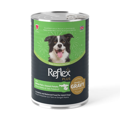 Reflex Plus Sos İçinde Et Parçacıklı Beyaz Balıklı Ve Tatlı Patatesli Yetişkin Köpek Maması 400gr