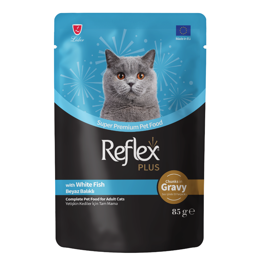 Reflex Plus Pouch Sos İçinde Et Parçacıklı Beyaz Balıklı Yetişkin Kedi Maması 85 G