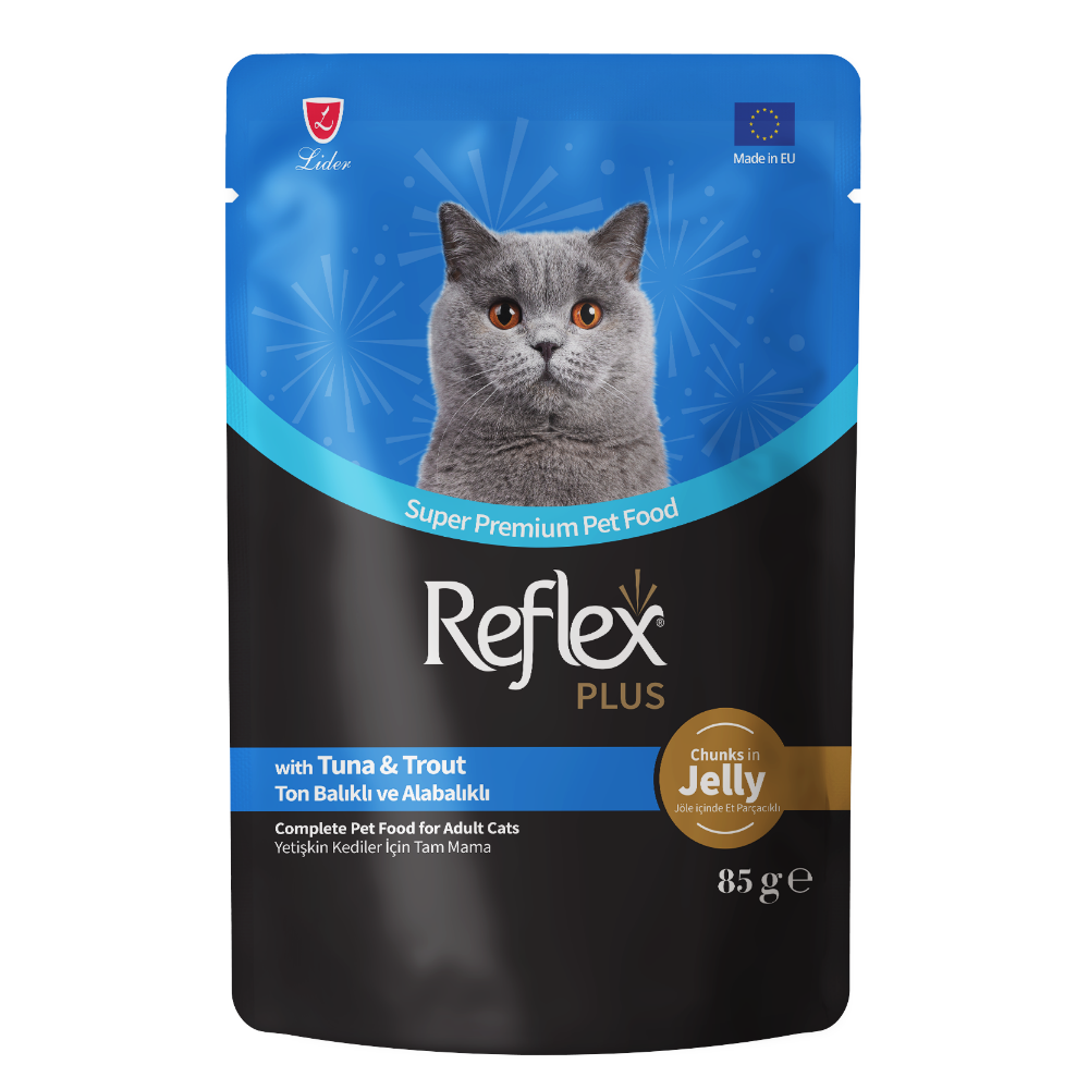 Reflex Plus Pouch Jöle İçinde Et Parçacıklı Ton Balıklı Ve Alabalıklı Yetişkin Kedi Maması 85 G