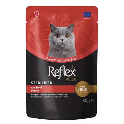 Reflex Plus Pouch Jöle İçinde Et Parçacıklı Biftekli Kısırlaştırılmış Yetişkin Kedi Maması 85 G