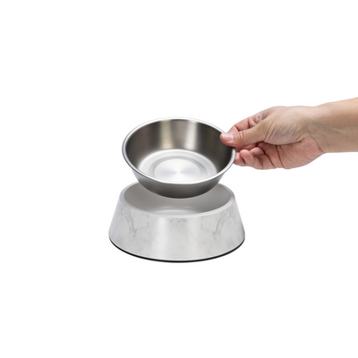 Beeztees DBL Köpek Mama Su Kabı, Mat Paslanmaz Çelik, Beyaz Mermer Görünümlü, 17,5cm, 350ml
