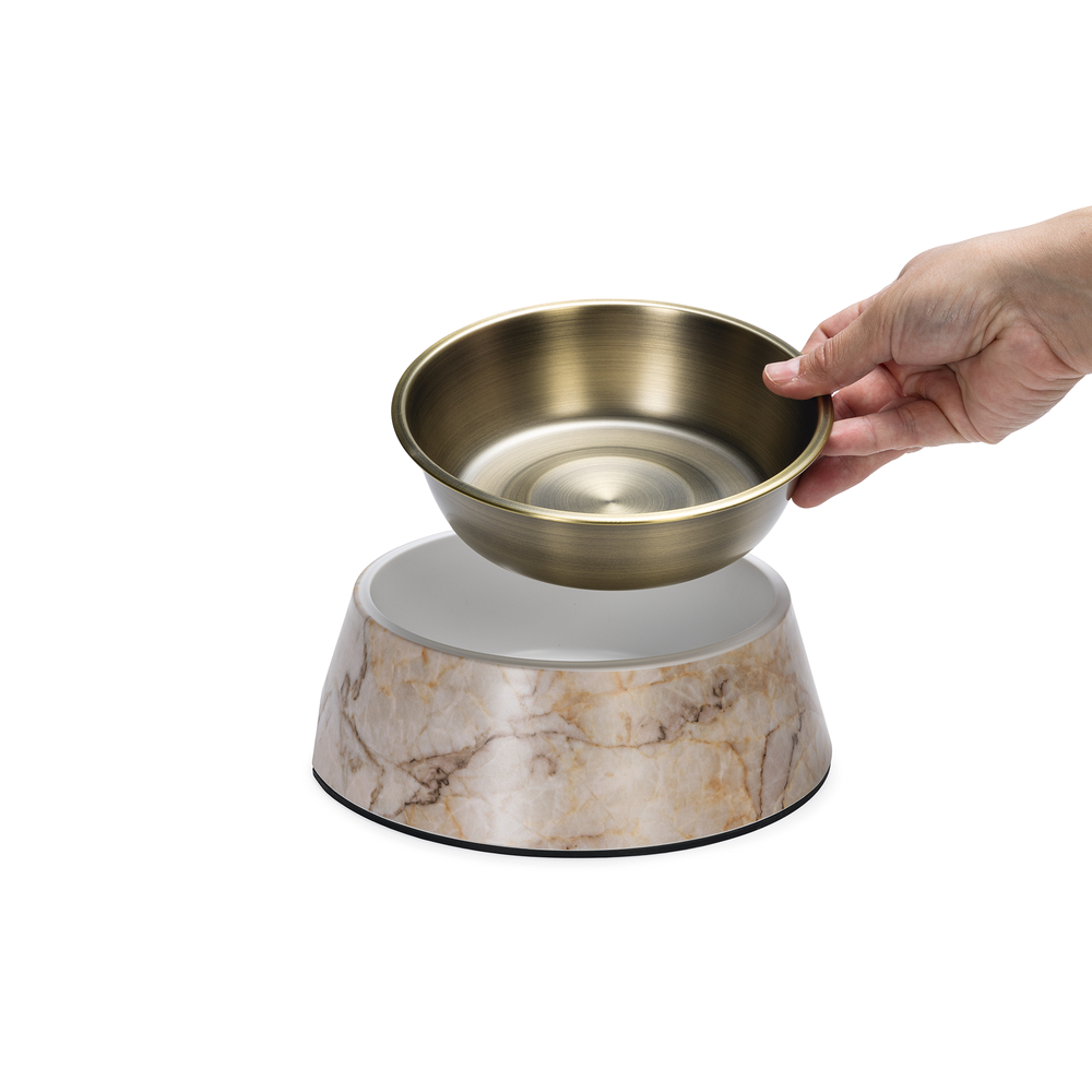 Beeztees DBL Köpek Mama Su Kabı, Mat Altın Rengi Paslanmaz Çelik, Bej Mermer Görünümlü, 22cm, 700ml