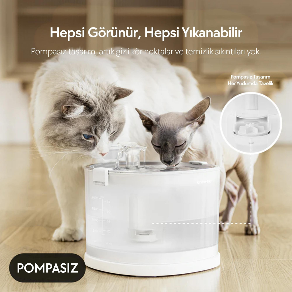 Cheerble E1+ Çelik Hazneli Şarjlı Otomatik Kedi Su Pınarı 22 X 20 X 18, 2lt