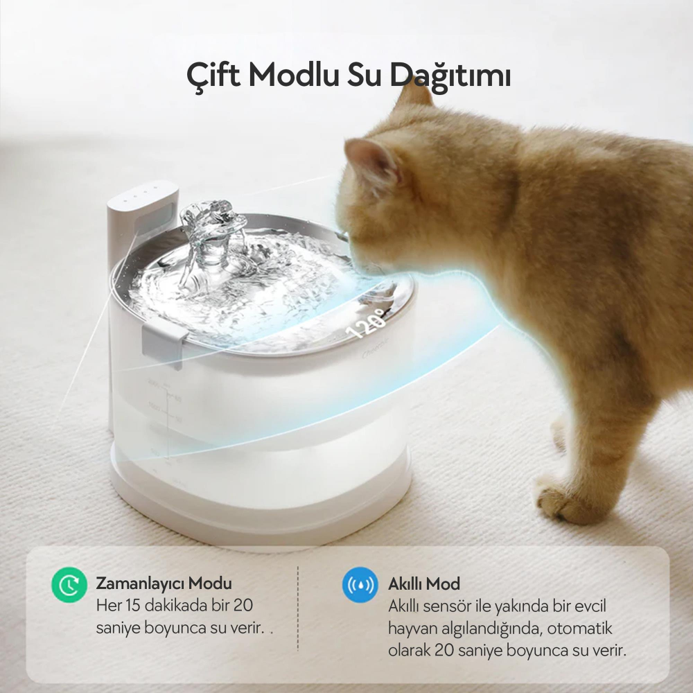 Cheerble E1+ Çelik Hazneli Şarjlı Otomatik Kedi Su Pınarı 22 X 20 X 18, 2lt
