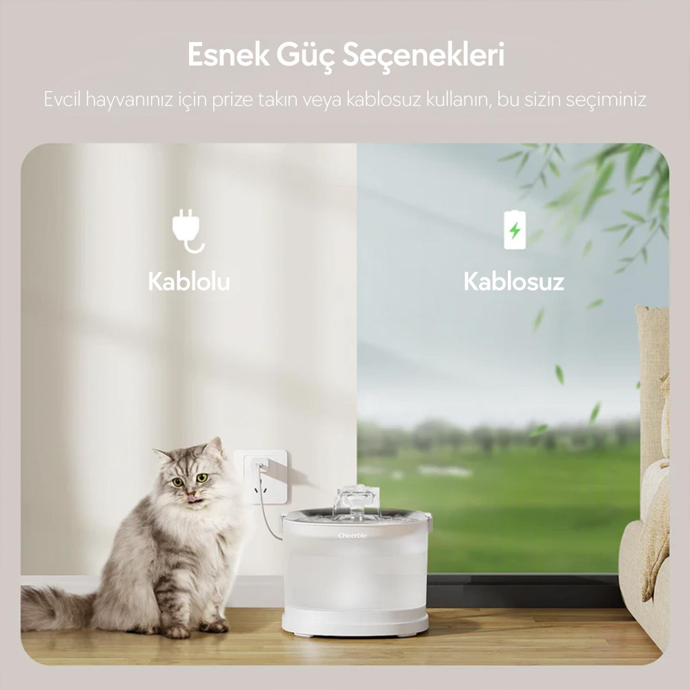 Cheerble E1+ Çelik Hazneli Şarjlı Otomatik Kedi Su Pınarı 22 X 20 X 18, 2lt