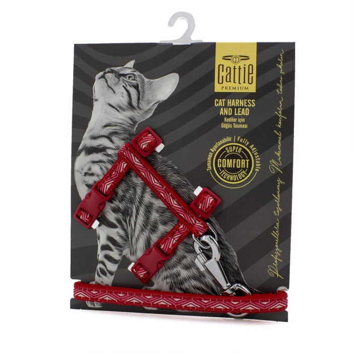 Cattie Desenli Kedi Göğüs & Gezdirme Takımı Kırmızı 1X25-40Cm