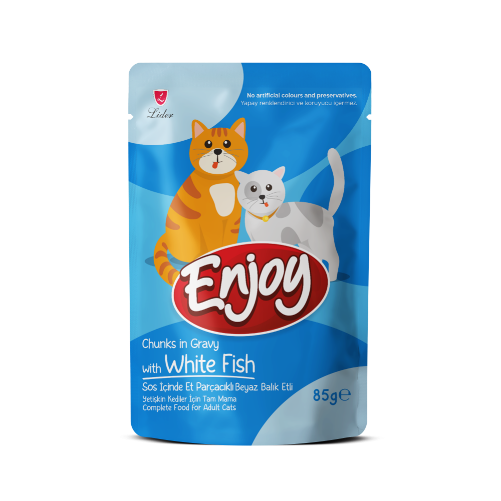 Enjoy Pouch Sos İçinde Et Parçacıklı Beyaz Balıklı Yetişkin Kedi Maması 85 G
