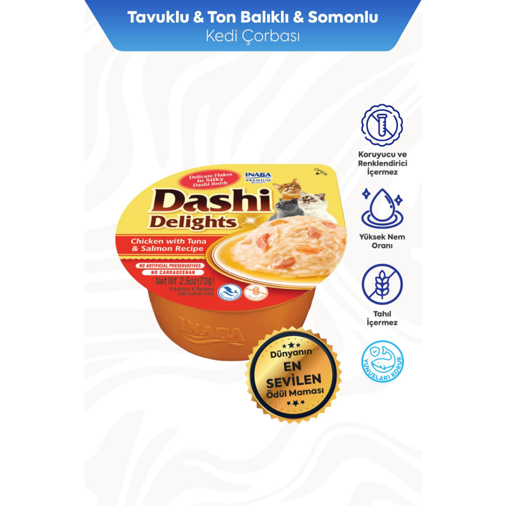 Inaba Ciao Dashi Delights Tavuk & Ton ve Somon Balıklı Kedi Çorbası 70 Gr