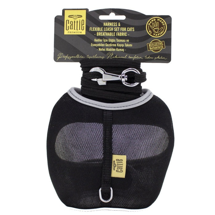 Cattie Havalı Dokuma Kedi Göğüs & Gezdirme Takımı Siyah 1X25-35Cm