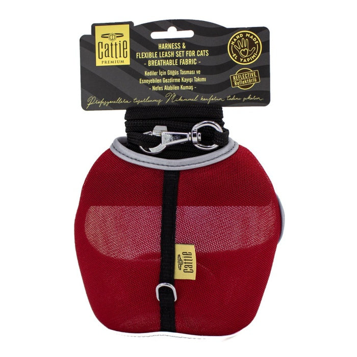 Cattie Havalı Dokuma Kedi Göğüs & Gezdirme Takımı Kırmızı 1X25-35Cm