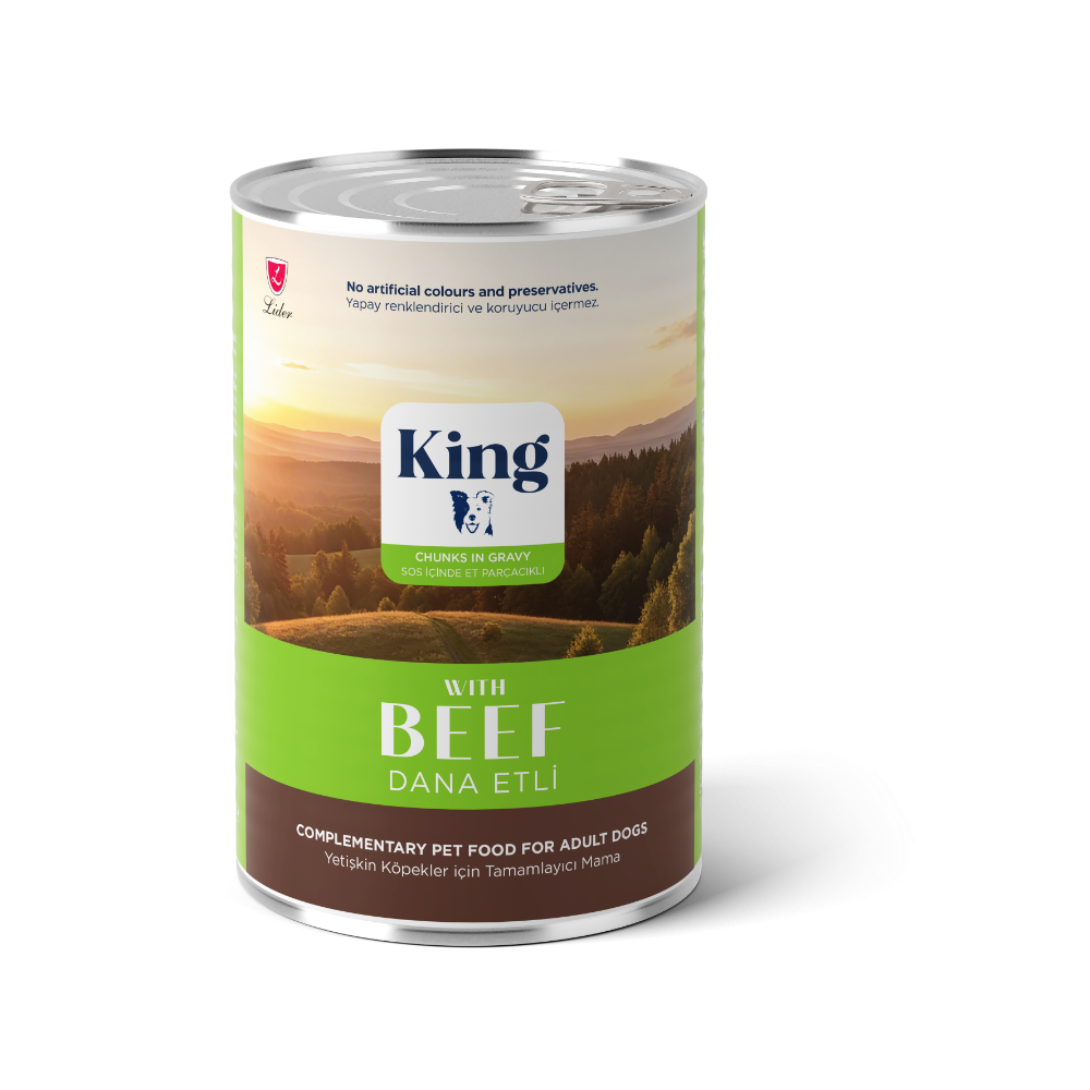 King Sos İçinde Et Parçacıklı Dana Etli Yetişkin Köpek Konserve 400gr