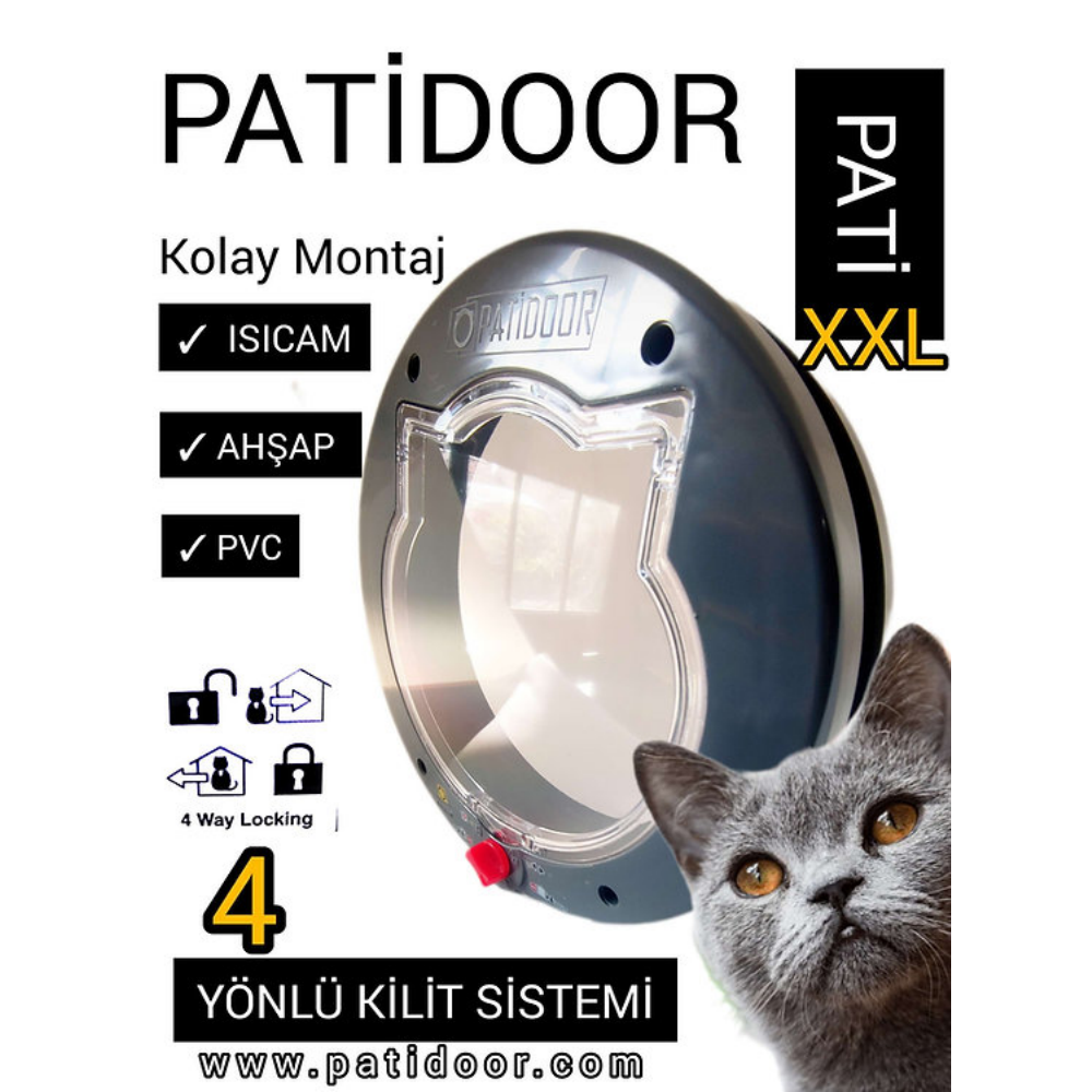 Patidoor Kedi Köpek Kapısı, 4 Yönlü Kilit Sistemli Antrasit Gri