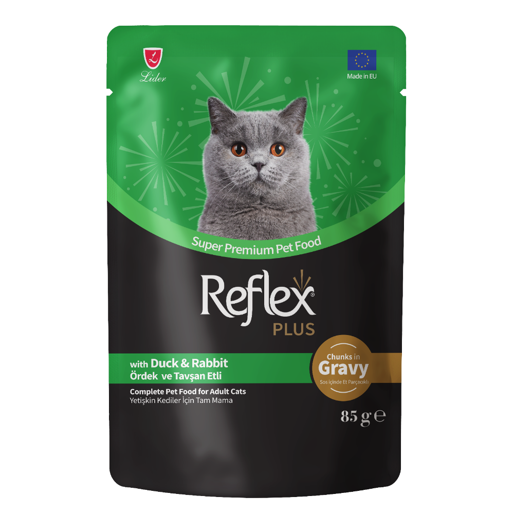 Reflex Plus Pouch Sos İçinde Et Parçacıklı Ördekli&Tavşanlı Yetişkin Kedi Maması 85 G