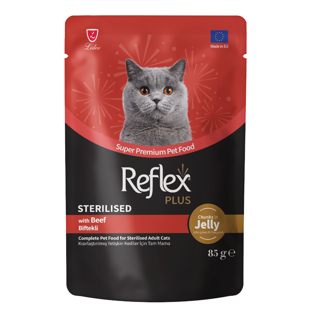 Reflex Plus Pouch Jöle İçinde Et Parçacıklı Biftekli Kısırlaştırılmış Yetişkin Kedi Maması 85 G