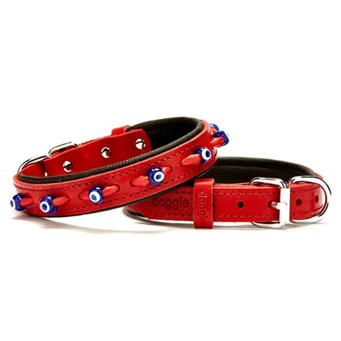 Doggie Konfor Deri Nazar Boncuklu Boyun Tasması Kırmızı 2X35-40Cm
