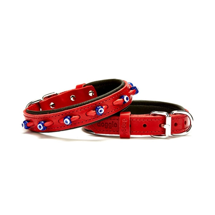 Doggie Konfor Deri Nazar Boncuklu Boyun Tasması Kırmızı 2X30-35Cm