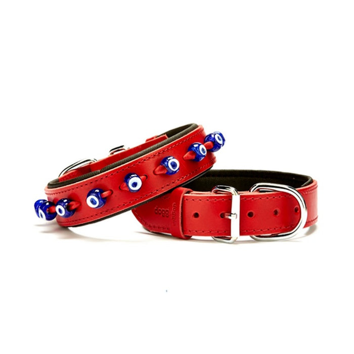 Doggie Konfor Deri Nazar Boncuklu Boyun Tasması Kırmızı 3,5X52-60Cm