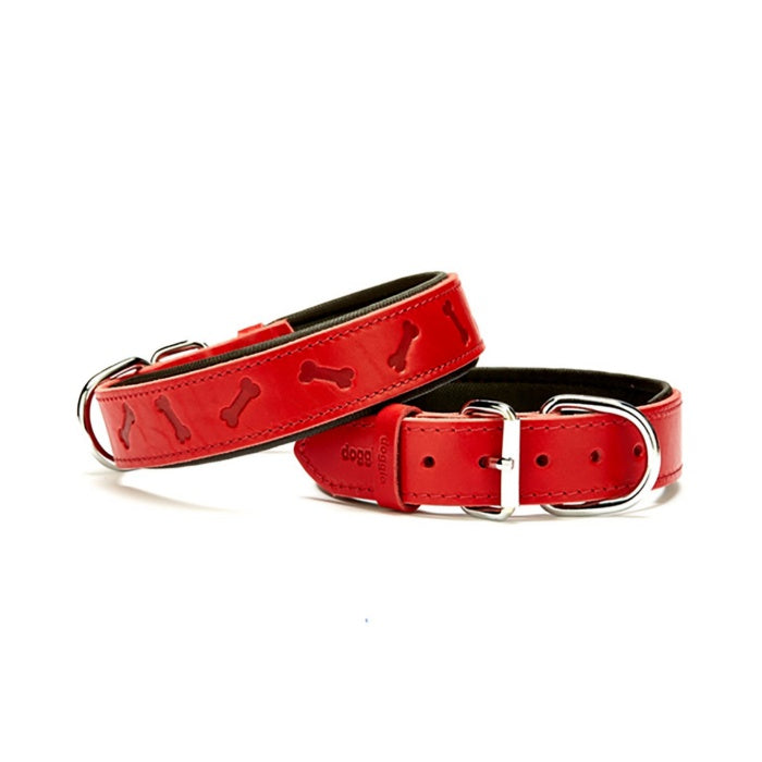 Doggie Konfor Deri Kemik Desenli Boyun Tasması Kırmızı 3,5X47-55Cm