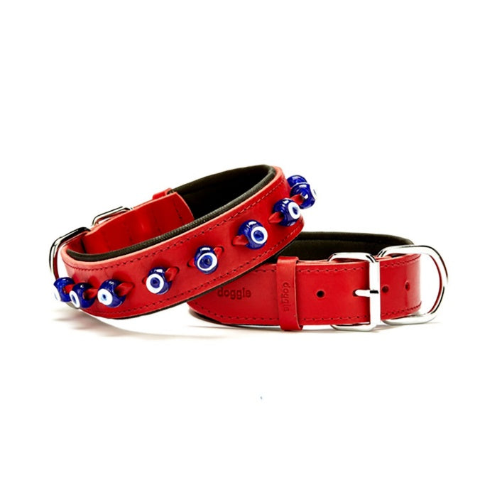 Doggie Konfor Deri Nazar Boncuklu Boyun Tasması Kırmızı 4X52-60Cm