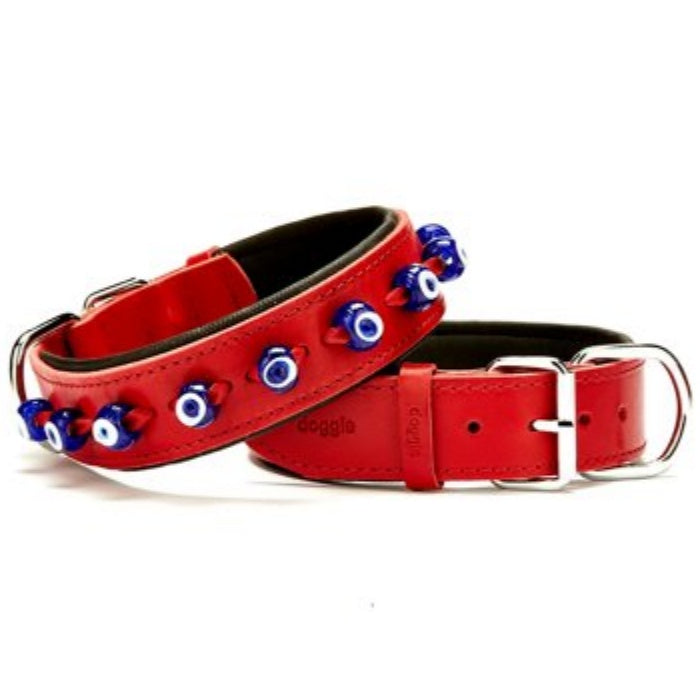 Doggie Konfor Deri Nazar Boncuklu Boyun Tasması Kırmızı 4X47-55Cm