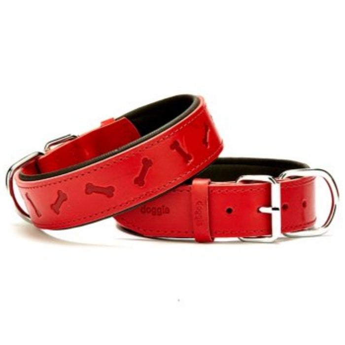 Doggie Konfor Deri Kemik Desenli Boyun Tasması Kırmızı 4X52-60Cm