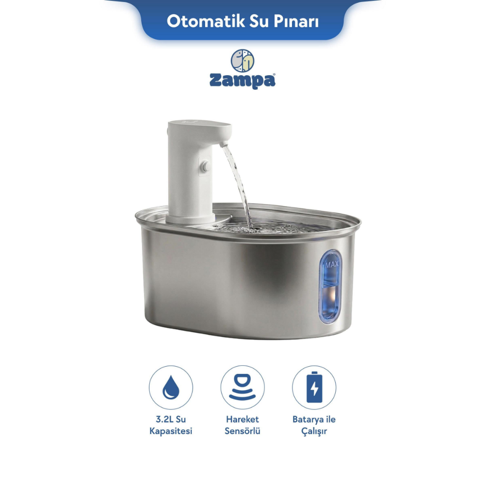 Zampa Oval Paslanmaz Çelik Pet Otomatik Su Pınarı (Bataryalı)